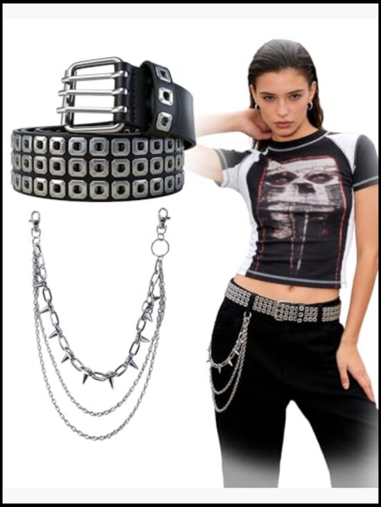 Studded Belt Y2K Spiked Chain Riveted Leather Punk Gothic Waistband main image 7